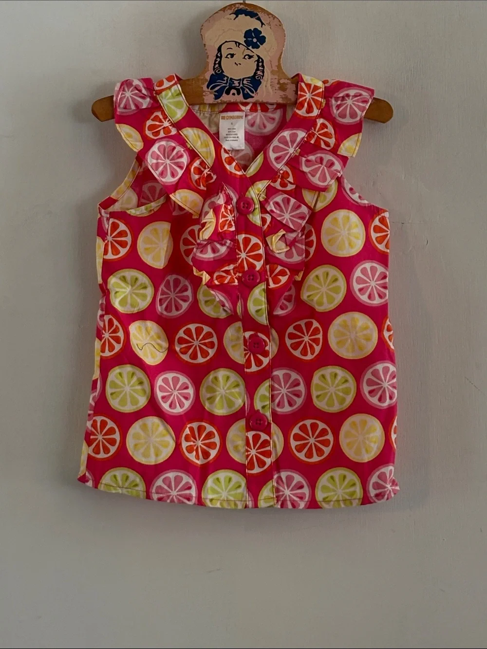 Gymboree hot pink sleeveless button down shirt fruit slice print Size 6
